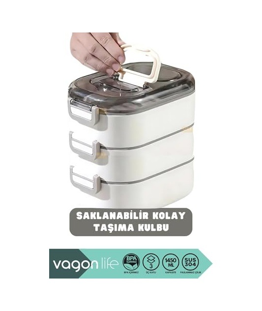 Vagonlife Bento 1450ml Lunchbox Üç Katlı 5 Bölmeli Ve Mini Sosluklu Çelik Sefer Tası Yemek Kutusu Pembe