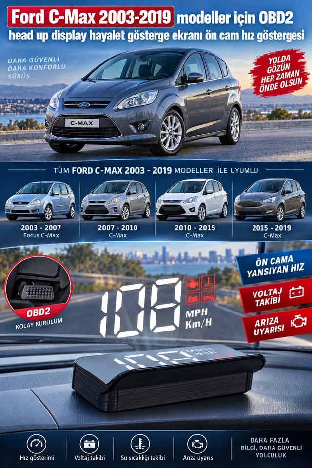 Ford C-max 2003-2019 Modeller İçin Obd2 Head Up Display Hayalet Gösterge Ekranı Ön Cam Hız Göstergesi