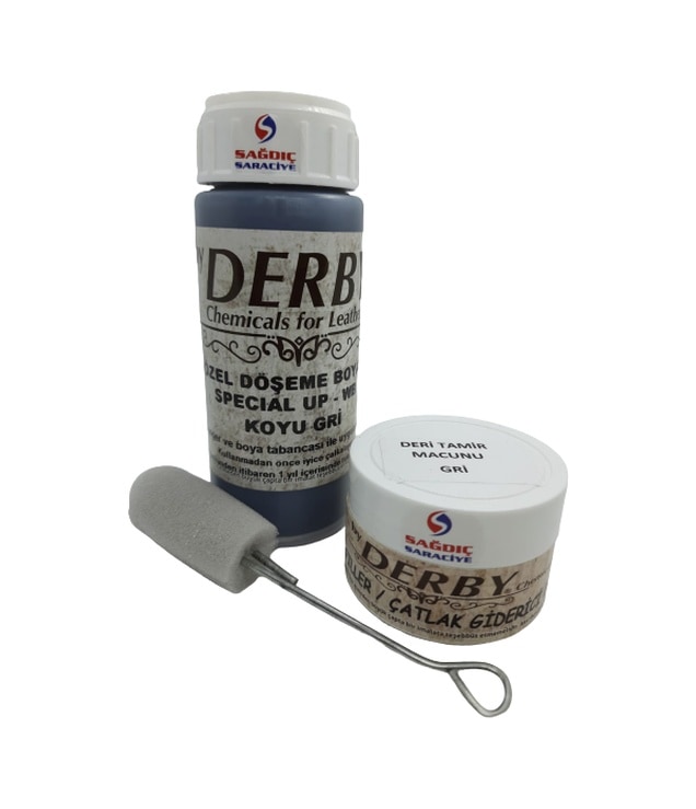 Derby Koyu Gri Oto Döşeme Boyası ve Gri Deri Tamir Macunu