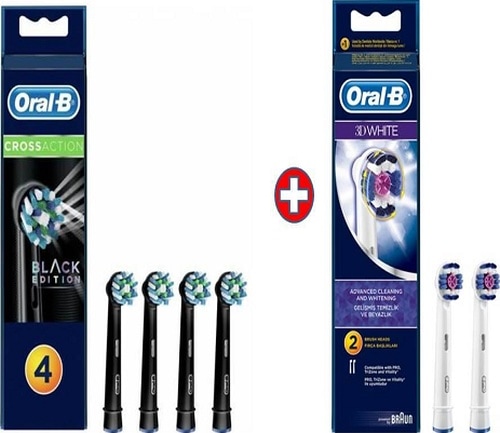 Oral-B Cross Action Diş Fırçası Yedek Başlık Siyah 4'lü + 3D White Diş Fırçası Yedek Başlık 2'li