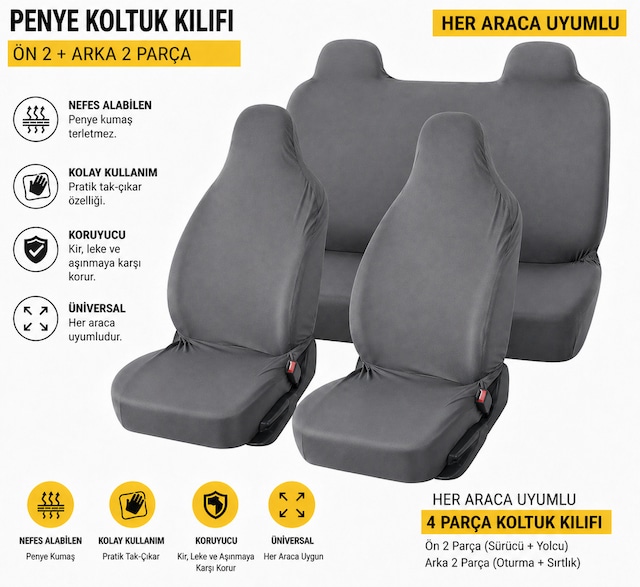 Oto Servis Kılıfı Penye Kılıf Gri Universal Ön Ve Arka Koltuk Kılıfı Penye Universal