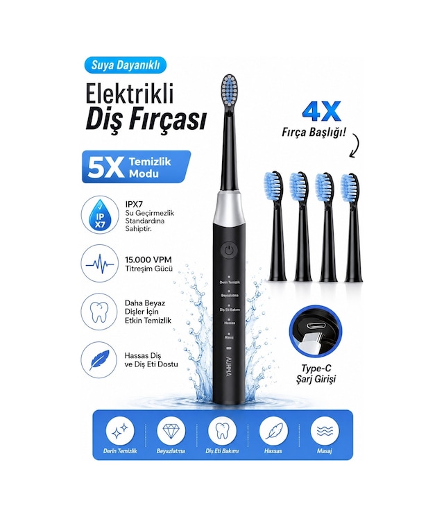 Robeve Auhma Amf13 Elektrikli Diş Fırçası 15.000 Vpm Sonic Titreşim 5 Temizlik Modu 4 Yedek Fırça Başlığı Type-c Şarj Ipx7 Suya Dayanıklı Şarjlı Diş Fırçası Siyah