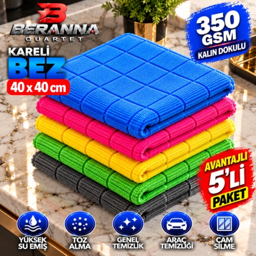 Kareli Mikrofiber Bez 40x40 Cm 350 Gsm Kalın Dokulu Avantajlı 5'li Paket