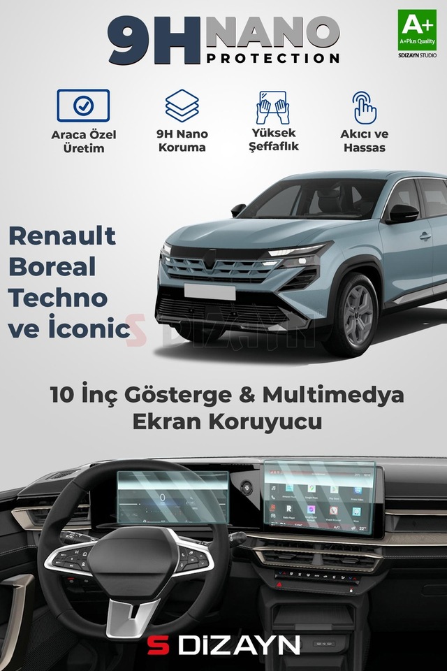 S-dizayn Renault Boreal Techno Ve İconic 9h Nano 10 İnç Gösterge Ve Multimedya Ekran Koruyucu 2'li Set Parlak 2025 Üzeri A+ Kalite