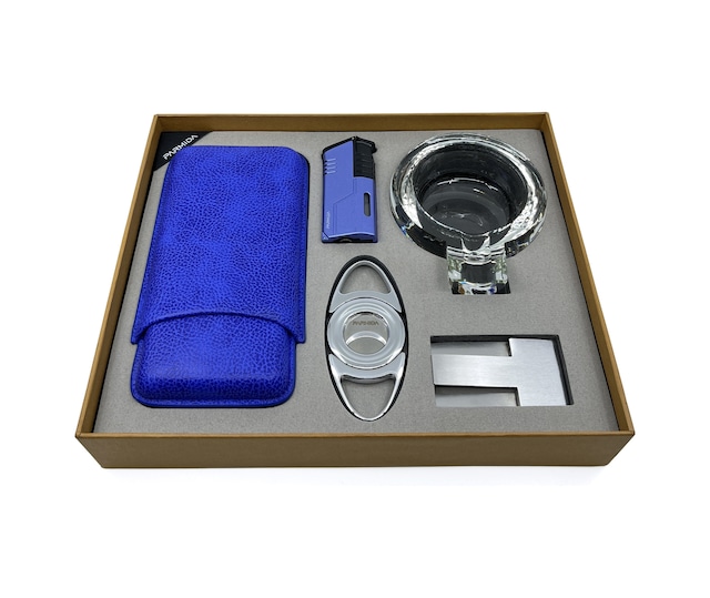 Parmida Royal Blue Beşli Puro Seti - Puro Kılıfı, Çakmak, Kesici, Sehpa, Küllük - Mavi