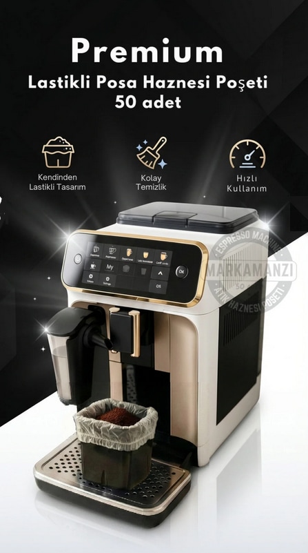 Premium Lastikli Kahve Makinesi Posa Haznesi Poşeti 50 Adet Kolay Kullanım Şeffaf
