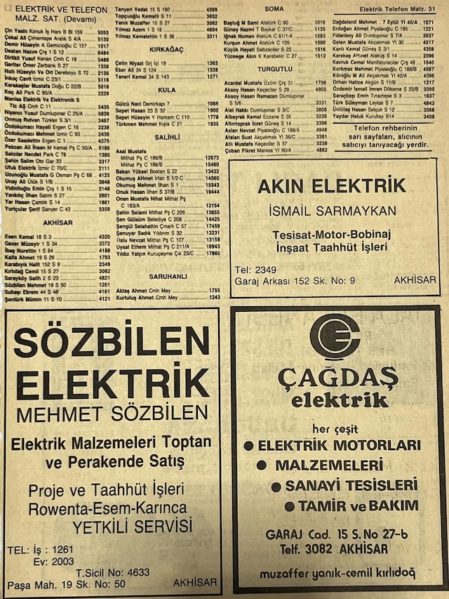 Manisa 1987 Meslek Reklam İlanı Efemera S-31 Teşhir Ürün
