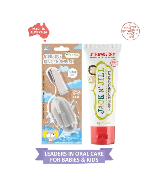 Jack N Jill Bebek/çocuk Diş Fırçalama Seti Silikon 2'li Parmak Fırça + Çilek Aromalı Diş Macunu 50g