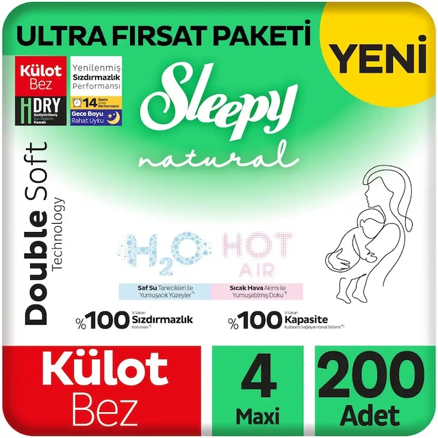 Sleepy Natural Double Soft Ultra Fırsat Paketi Külot Bez 4 Numara Maxi 200 Adet