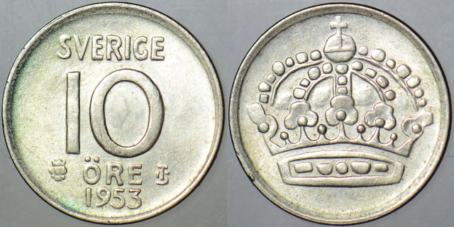İsveç 10 Öre 1953 Gümüş Iı. Dünya Savaşı Dönemi 1,44 Gr. Çil -
