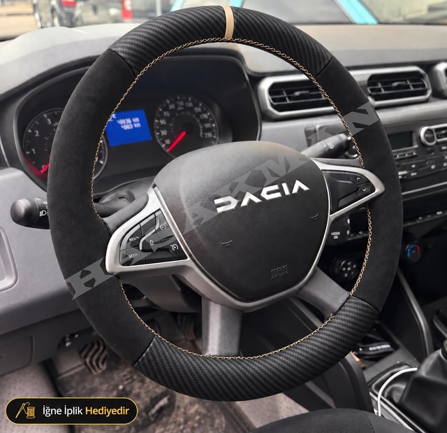 Dacia Sandero Stepway Dikme Direksiyon Kılıfı Alcantara Süet Mat Karbon Bej Yüzük Ve Dikiş 2021-2024