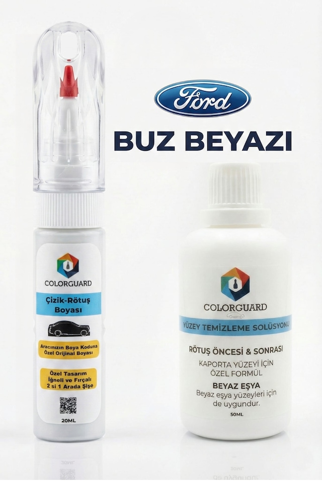 Ford Buz Beyazı İğneli & Fırçalı Şişe Rötuş Boyası Ve Yüzey Temizleme Solüsyonu Seti