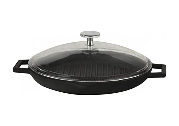 Lava Döküm Yuvarlak Metal Kulplu Cam Kapaklı Izgara Tava 30 CM
