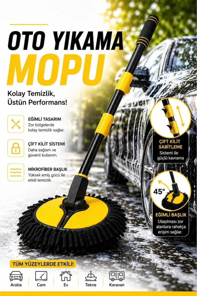 Çok Fonksiyonlu Araba Yıkama Fırçası Oto Yıkama Mop Mikrofiber Bezli Teleskopik Saplı Şönil