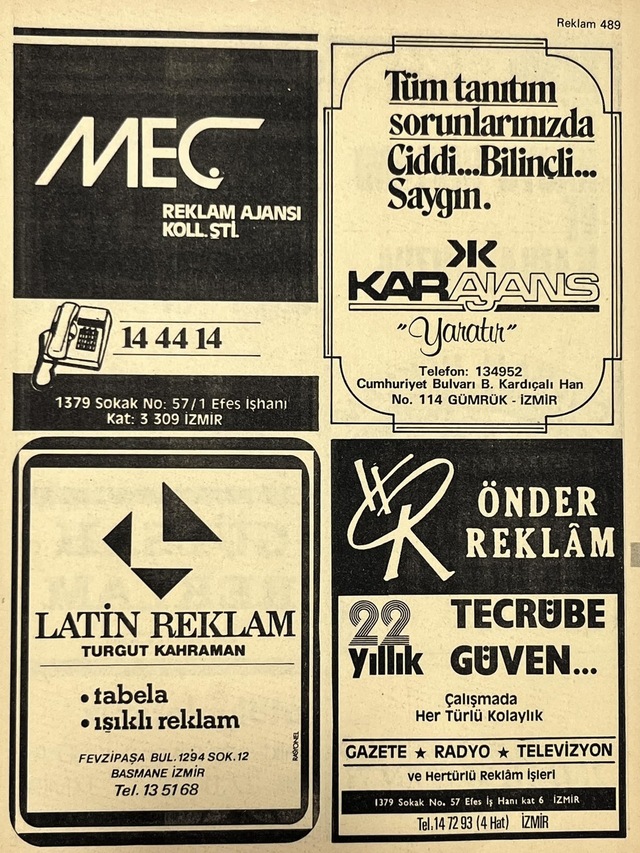 İzmir 1982-1983 Meslek Reklam İlanı Efemera S489 Teşhir Ürün