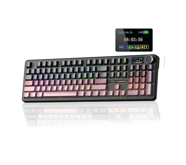 Aula F108 Pro Ekranlı Mekanik Klavye Graywood V3 Switch Rgb Hot Swap 8000mah Makrolu Oyuncu Klavyesi Gradyan Pembe