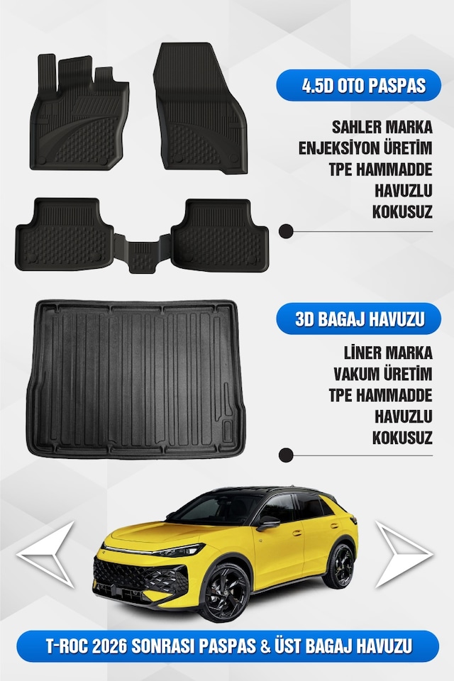 Volkswagen T-roc 2026 Sonrası Uyumlu 4.5d Premium Havuzlu Oto Paspas Ve Liner Ust Bagaj Havuzu