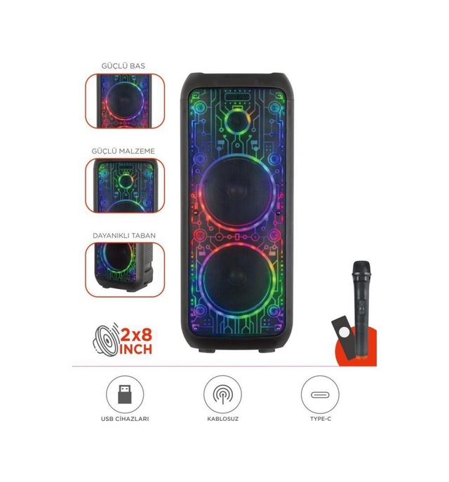 D64 Siyah Rgb Ledli Dahili Kablosuz Mikrofon Kumandalı Radyolu Bluetooth Hoparlör Speaker