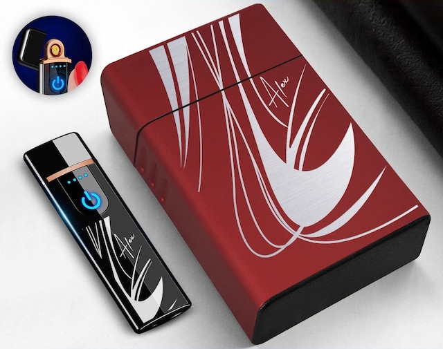 Bk Gift Kişiye Özel Kırmızı Sigara Tabakası ve Elektronik Dokunmatik Alevsiz Şarjlı Çakmak Seti 10