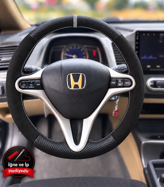 Honda Civic Fd6 Dikme Direksiyon Kılıfı Alcantara Süet Mat Karbon Gri Yüzük Ve Dikiş 2006-2012 Siyah