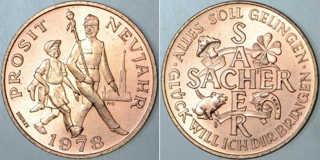 Almanya Prosıt Neujahr 1978 Yeni Yıl Şans Madalyonu. 21,5 Mm Çapında Bronz. Çil Kondisyon. Teşhir Ürün