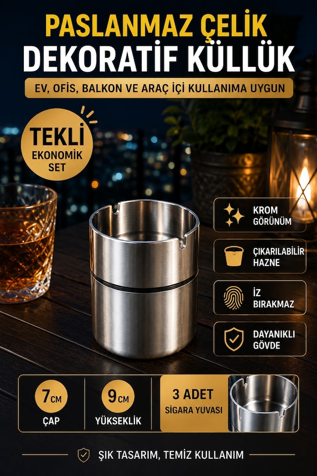 Paslanmaz Çelik Masa Tipi Küllük Dekoratif Krom Küllük Ev Ofis Araç İçi Kullanım 9 Cm