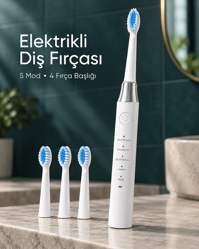 Değiştirilebilir Başlıklı Beyaz Elektrikli Diş Fırçası 5 Mod Ve 3