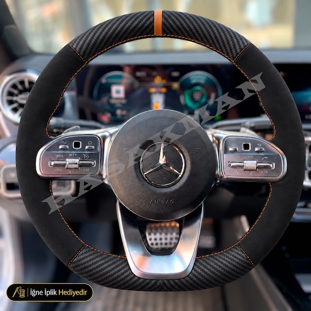 Mercedes A W177-v177 Dikme Direksiyon Kılıfı Alcantara Süet Mat Karbon Taba Yüzük Ve Dikiş Style-progressive-amg Line 2018-2023
