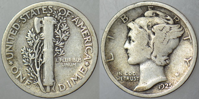 Amerika 1 Dime 1925 Gümüş. Mercury Head 10 Cent. 2,38 Gr.