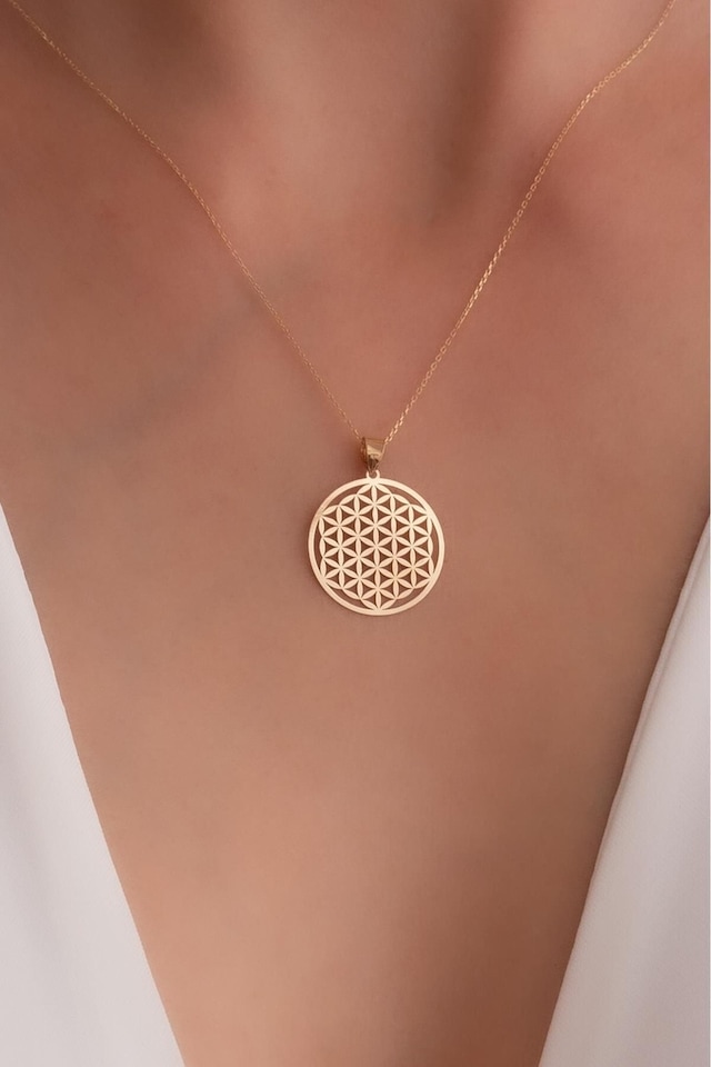 14 Ayar Altın Yaşam Çiçeği Kolye 1,7cm Sarı Altın