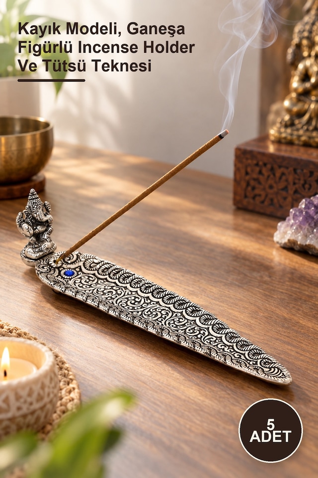 5 Adet Metal Kayık Ganeşa Tütsülük Kayık Modeli, Ganeşa Figürlü Incense Holder Ve Tütsü Teknesi