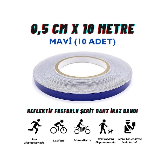 Carub Reflektif Fosforlu Şerit Bant 0,5 Cm X 10 Metre Mavi İkaz Bandı BR2405004