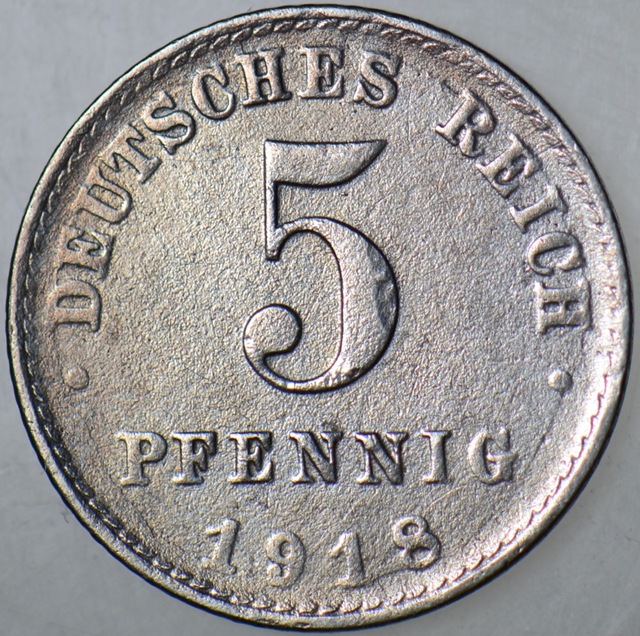 Almanya 5 Pfennig 1918 A. I. Dünya Savaşı Dönemi.