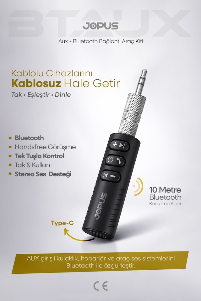 Jopus Bluetooth Aux Araç Kiti Bluetooth 5.0 Hd Ses Kalitesi Kesintisiz Bağlantı