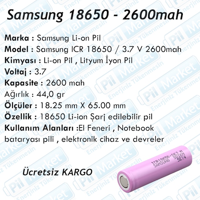 samsung icr 18650 3 7v 2600 mah li ion sarj edilebilir pil