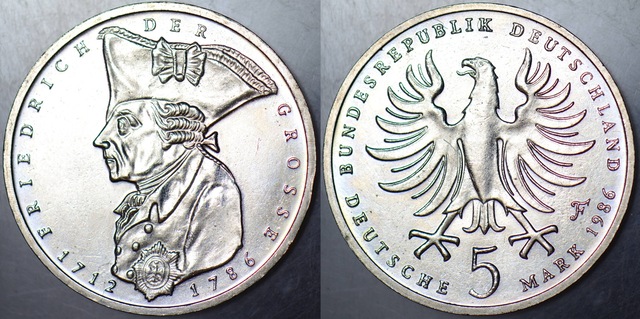 Almanya 5 Mark 1986 Hatıra-büyük Frederik'in Ölümünün 200. Yılı Çil -