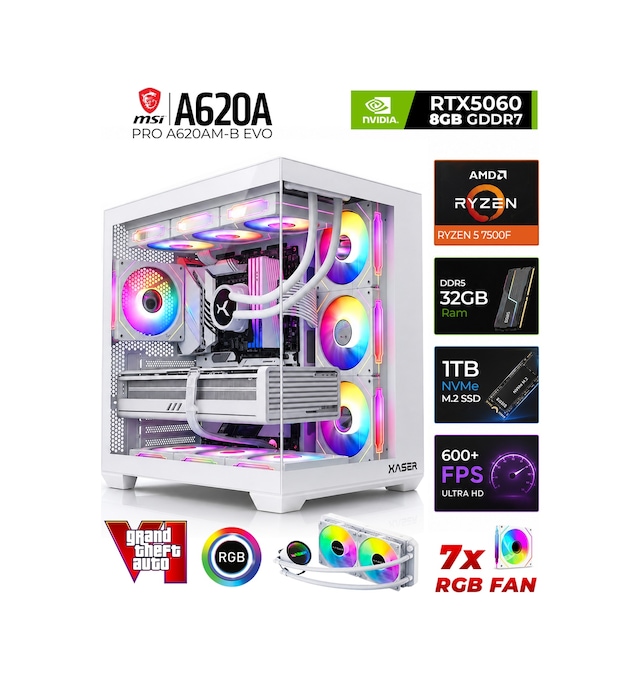 Xaser Shiny X90 R5-7500F 32 GB 1 TB SSD 8 GB Rtx5060 Dos Masaüstü Oyuncu Bilgisayarı