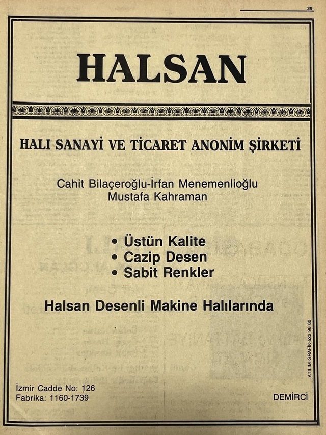 Manisa 1987 Meslek Reklam İlanı Efemera S-39 Teşhir Ürün