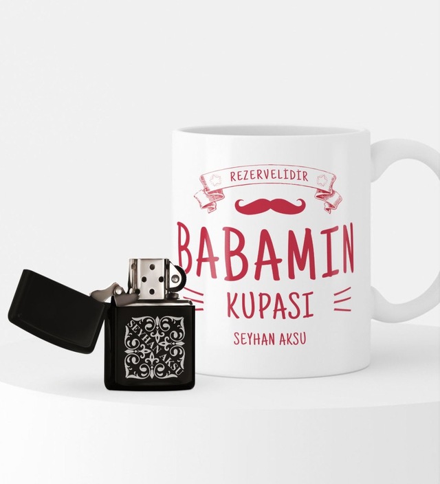 Kişiye Özel Babalar Günü Tasarımlı Benzinli Çakmak ve Kupa Seti-0