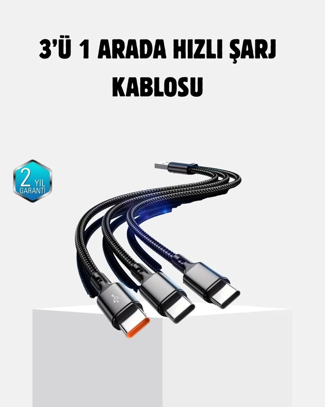 Ers 3 Başlıklı Hızlı Şarj Kablosu Metal Alaşımlı Dayanıklı Ve Akıllı Çipli