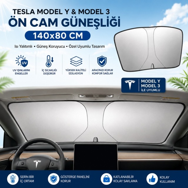 Polham 140x80 Cm Tesla Model Y Ve Model 3 İle Uyumlu Ön Cam Güneşliği, Isı Yalıtımlı Güneş Koruyucu 23311732