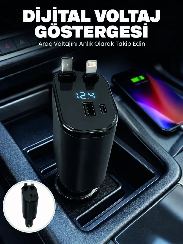 Ers 4 Cihazı Aynı Anda Şarj Eden Araç Şarj Cihazı Usb-a, Usb-c, Type-c Ve Lightning Destekli