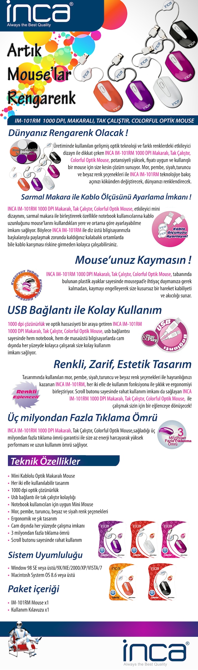 Inca Mouse Im 101 Rm Mini Makarali Mouse Renkli Mouse