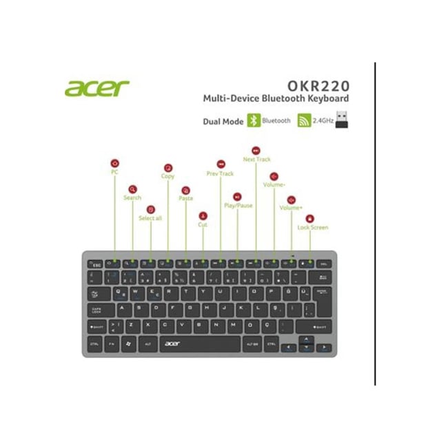 Acer Okr220 Multidevice Dual Mode 2.4ghz Bluetooth Klavye Siyah