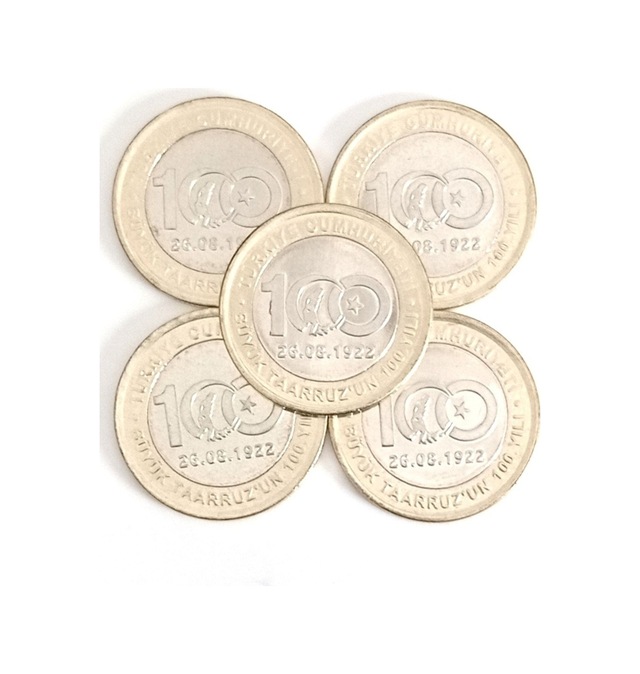 5 Adet Büyük Taarruz'un 100. Yılı Hatıra Para 1 Lira . Koleksiyon Para. Tedavül