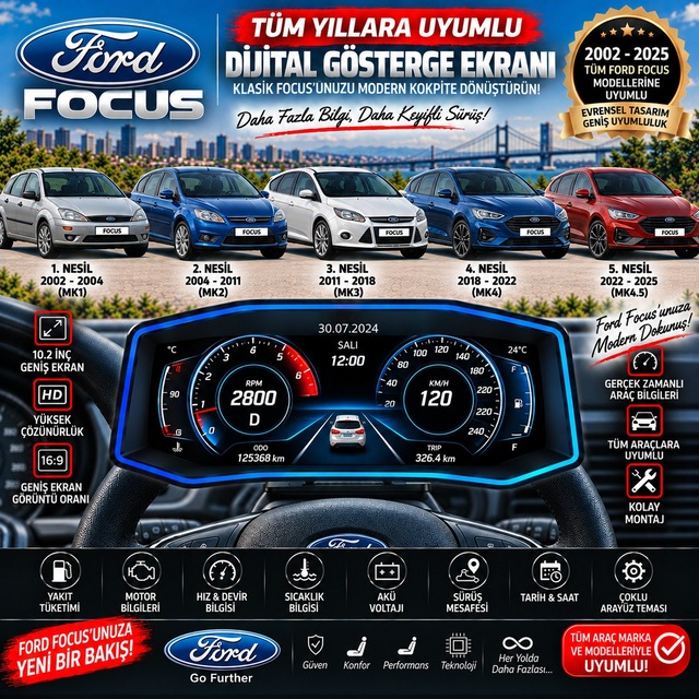 Ford Focus 2002-2025 Model Uyumlu Harici Digital Gösterge Odb Ekran Arıza Göstergesi Turbo Gösterge Hayalet Ekran
