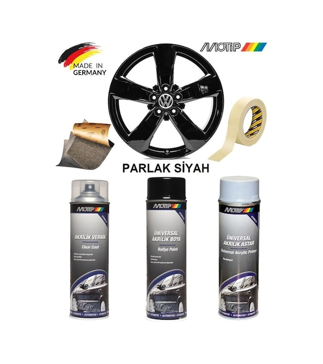 Motip Parlak Siyah Jant Boyama Rötuş Seti Akrilik Sprey Boya + Vernik + Astar 500 Ml