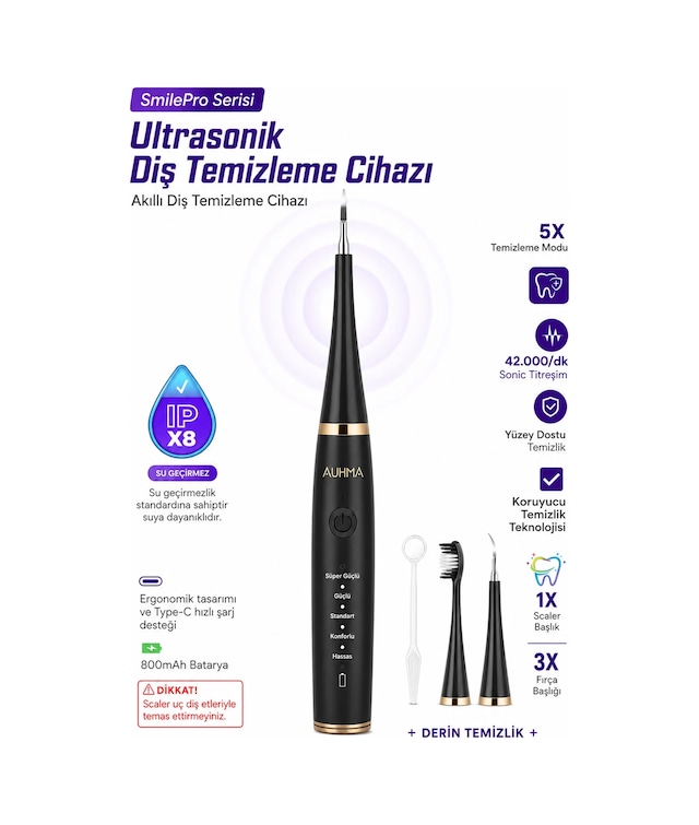 Exenar - Siyah - Diş Taşı Temizleme Cihazı Şarjlı Diş Fırçası Sonik Ultrasonik Akıllı Diş Taşı Temizleyici 5 Mod Ipx8