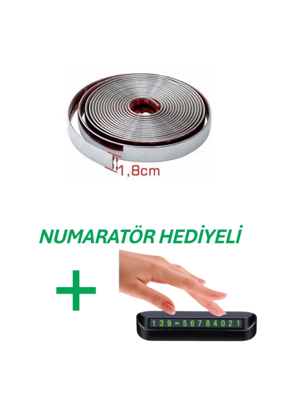 Her Araca Uyumlu Yapışkanlı Nikelaj Şerit Bant Çıta 18mm 5 Metre Krom + Numaratör Hediyeli