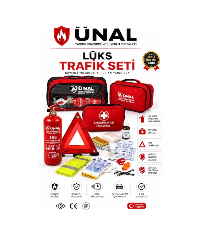 Lüks Trafik Seti 1 Kg Yangın Söndürücü + İlk Yardım Çantası Tüvtürk Uyumlu Araç Acil Durum
